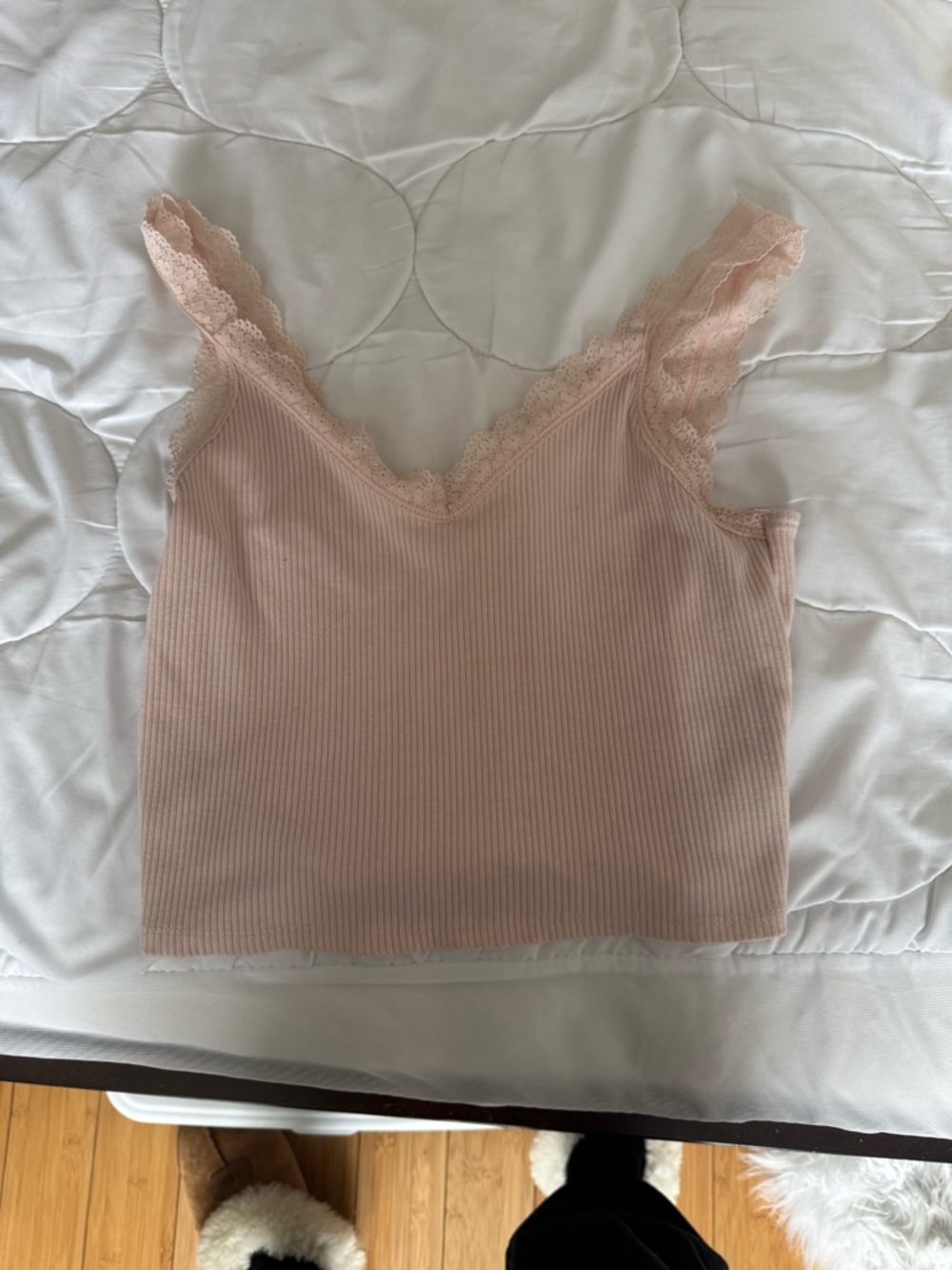 American Eagle Outfitters Blush Pink Ribbed Lace-Trim Tank